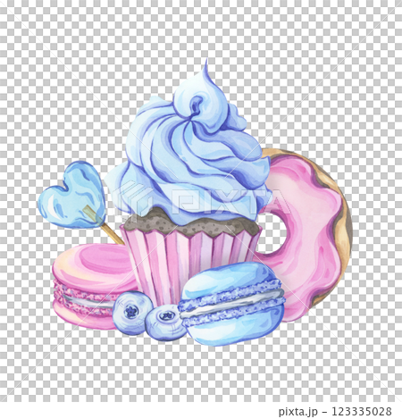Cupcake, donut and macaroons - watercolor hand-painted composition in blue and pink tones 123335028