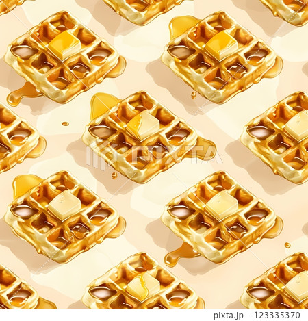Seamless image of golden brown waffles, each filled with glistening honey and melted butter.  123335370