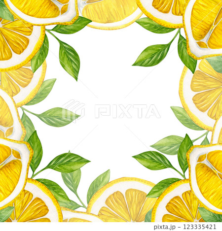 Lemon frame. Watercolor of tropical fruits, leaves and flowers isolated on white background. Good for postcards, recipes, menu, invitations, greeting cards. 123335421