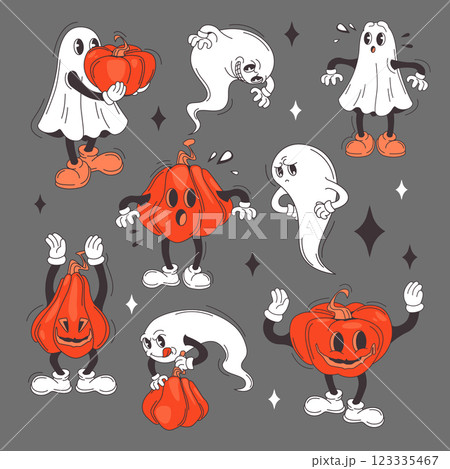 Groovy ghost characters with pumpkin lantern. 123335467