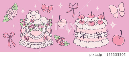 Kawaii style cakes with coquette bow decoration Kawaii style cakes with coquette bow decoration 123335505
