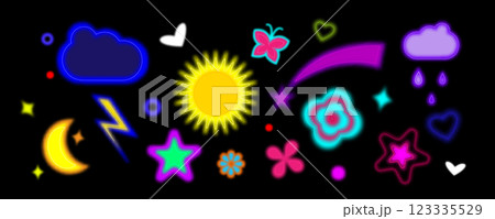 Neon y2k shapes on black background Neon y2k shapes on black background 123335529