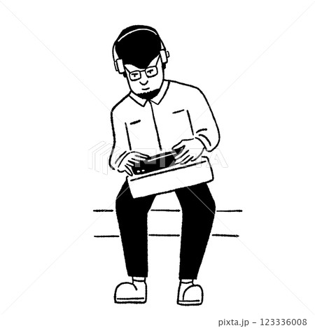 Man wearing headphone work with Tablet People lifestyle Hand drawn Line art cartoon Illustration 123336008