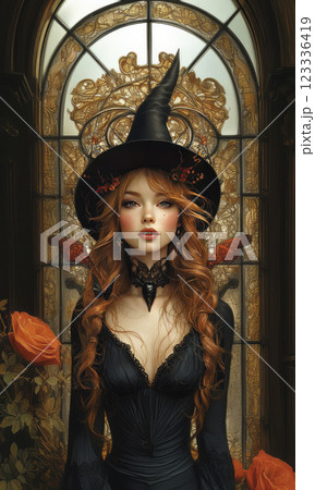Illustration of witch in black hat in art deco style. AI generative 123336419