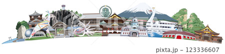 甲信越、北陸名所観光地イラスト集合　アーチ形 123336607