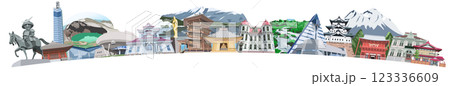 東北名所観光地イラスト集合　アーチ形 123336609