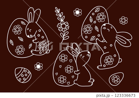 Outline Easter Bunnies With Paschal Eggs Doodles. Spring Holiday Collection. Isolated Vector Line Hand-drawn illustrations for festive decor and design 123336673