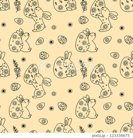 Outline Easter Seamless pattern. Cute paschal bunny with decorative Egg on yellow background. Holiday Vector illustration in linear drawing doodle style 123336675