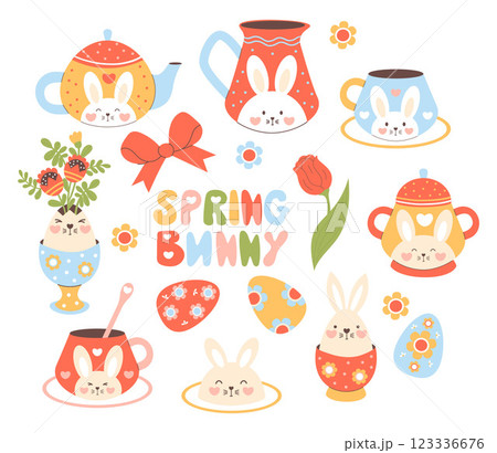 Cute spring bunny and Easter decoration clipart. Isolated springtime holiday, tea party elements with rabbit decor, eggs, teapot, cup, flowers on white background. Vector illustration 123336676