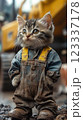 Confident cat in worker attire at a construction site. AI art 123337178