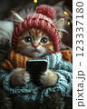 Cozy cat enjoying a quiet evening with a smartphone. Generative AI 123337180