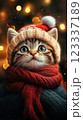 Cute kitten in a cozy winter outfit with festive lights. Generative AI 123337189