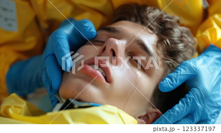 A person is receiving first aid for poisoning in a clinical setting, emphasizing urgent care 123337197
