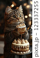 Whimsical cat holding dessert in cozy setting. Generative AI 123337255