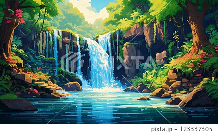 レトロゲーム風の自然のピクセルアート背景（森の中にある滝と水辺） Generative AI 123337305