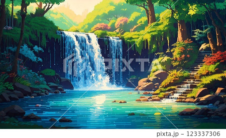 レトロゲーム風の自然のピクセルアート背景（森の中にある滝と