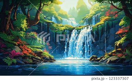 レトロゲーム風の自然のピクセルアート背景(森の中にある滝と水辺) Generative AI レトロゲーム風の自然のピクセルアート背景(森の中にある滝と水辺) Generative AI 123337307