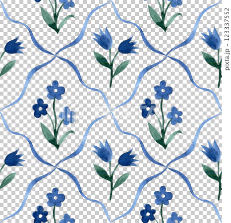 seamless watercolor pattern with cute flowers on tiles. seamless watercolor pattern with cute flowers on tiles. 123337552
