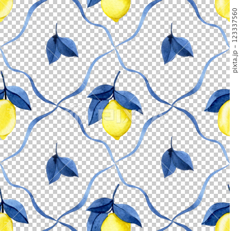 seamless watercolor pattern with yellow lemons and blue tiles. 123337560