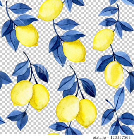 seamless watercolor pattern with yellow lemons and blue leaves. 123337562