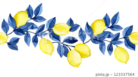 seamless watercolor border with yellow lemons and blue leaves. 123337564