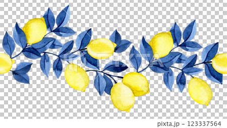 seamless watercolor border with yellow lemons and blue leaves. 123337564