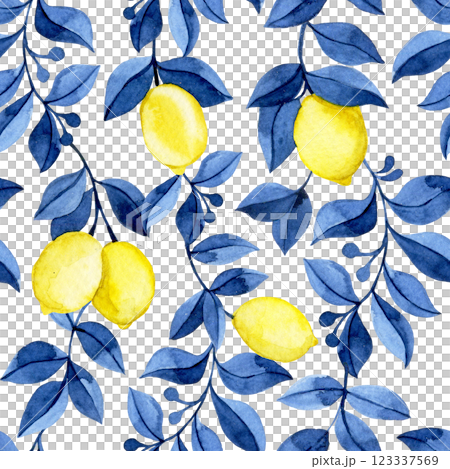 seamless watercolor pattern with yellow lemons and blue leaves. 123337569