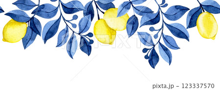 seamless watercolor border with yellow lemons and blue leaves. seamless watercolor border with yellow lemons and blue leaves. 123337570