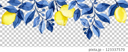 seamless watercolor border with yellow lemons and blue leaves. 123337570