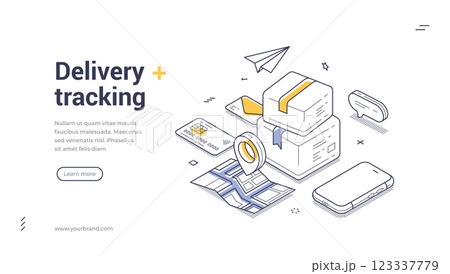 Web banner template for delivery tracking in isometric line art design 123337779