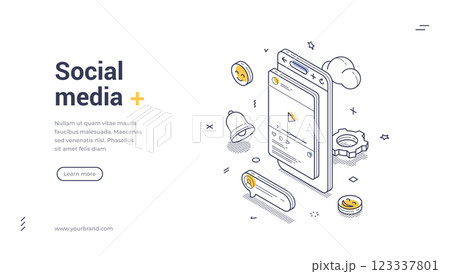 Social media web banner template featuring isometric design elements and clean line art 123337801