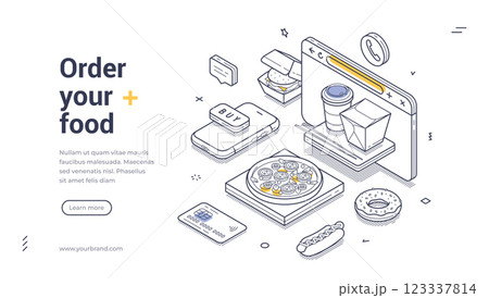 Enhance your online ordering experience with this isometric web banner template design Enhance your online ordering experience with this isometric web banner template design 123337814