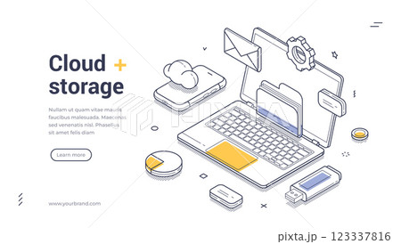 Elegant isometric web banner template for cloud storage solutions featuring modern design elements Elegant isometric web banner template for cloud storage solutions featuring modern design elements 123337816