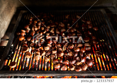 Bunch of fresh chestnuts is baked on coals on a grill grate in an oven Bunch of fresh chestnuts is baked on coals on a grill grate in an oven 123337937