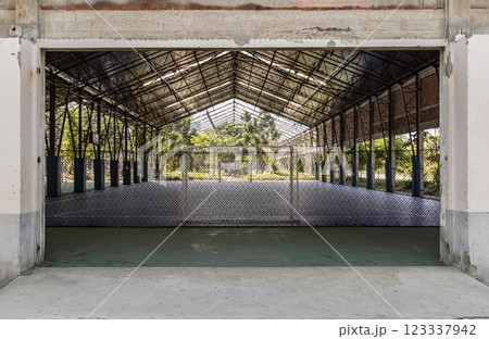 Soccer goal or Football gate with white net inside indoor soccer football court at city park. 123337942