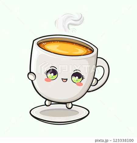 Cheerful Coffee Cup. Playful Mug with Steaming Beverage 123338100