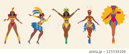 Set of Brazilian samba dancers. Carnival characters in festival costumes dancing. Modern vector illustration 123338108