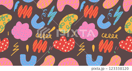 Hand drawn seamless pattern with organic shapes and doodle elements. Trendy contemporary background Hand drawn seamless pattern with organic shapes and doodle elements. Trendy contemporary background 123338120