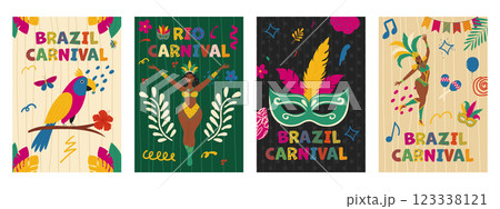 Brazilian carnival vector poster set. Dancing people and exotic birds. Trendy hand drawn illustration 123338121