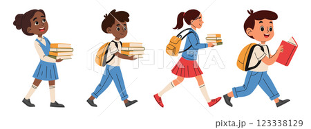 Set of elementary school kids with school bag and books go to school. Knowledge concept. Hand drawn illustration Set of elementary school kids with school bag and books go to school. Knowledge concept. Hand drawn illustration 123338129