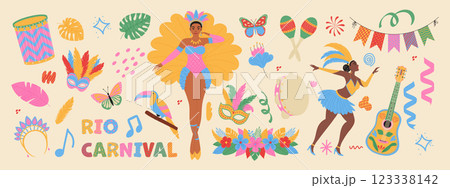 Carnival in Brazil. Masks, exotic bird, dancing women, guitar, flowers. Modern vector illustration 123338142