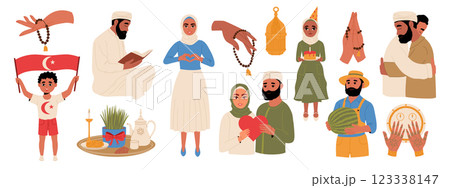 Set of people during traditional Muslim holidays. Ataturk, watermelon and Novruz festival, henna night, Ramadan Mubarak celebration, birthday, Children's Day 123338147