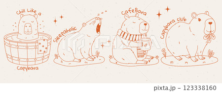 Funny capybara set with text. Set of exotic rodents relaxing in onsen, eating leaves, sleeping and drinking coffee. Playful doodle style. Hand drawn vector illustration. Funny capybara set with text. Set of exotic rodents relaxing in onsen, eating leaves, sleeping and drinking coffee. Playful doodle style. Hand drawn vector illustration. 123338160