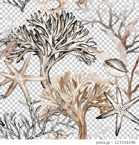 Seashell and starfish watercolor seamless Pattern. Nautical Backdrop with corals for wrapping paper or textile design. Marine ornament with underwater for wallpaper. Seashell and starfish watercolor seamless Pattern. Nautical Backdrop with corals for wrapping paper or textile design. Marine ornament with underwater for wallpaper. 123338196