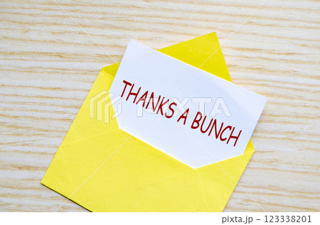 Top view of yellow envelope on a wooden surface with a white card partially pulled out with text Thanks A Bunch 123338201