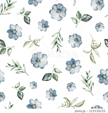 Watercolor floral seamless pattern with little blue flowers. Wedding background with Myosotis, Hyacinthus, Borago, Linum. Summer ornament Botanical design a for wrapper, wallpapers, romantic invites. 123338220
