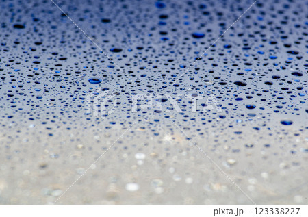 Water droplets on a dark blue ocean color background with customizable space for text or ideas 123338227