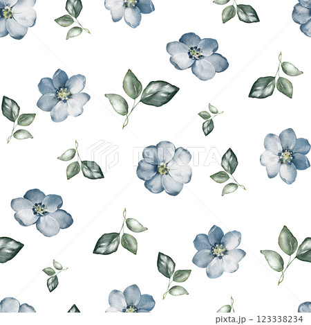 Watercolor floral seamless pattern with little blue flowers. Wedding background with Myosotis, Hyacinthus, Borago, Linum. Summer ornament Botanical design a for wrapper, wallpapers, romantic invites. Watercolor floral seamless pattern with little blue flowers. Wedding background with Myosotis, Hyacinthus, Borago, Linum. Summer ornament Botanical design a for wrapper, wallpapers, romantic invites. 123338234