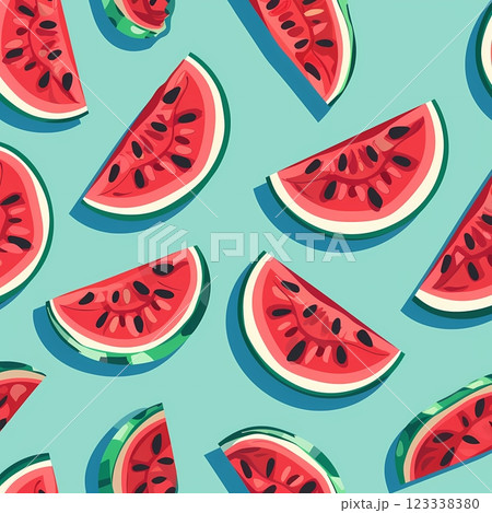 Seamless image of juicy red fleshed cut watermelon speckled with black seeds. 123338380