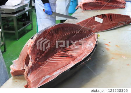 マグロ職人に解体される生の本マグロ マグロ職人に解体される生の本マグロ 123338396